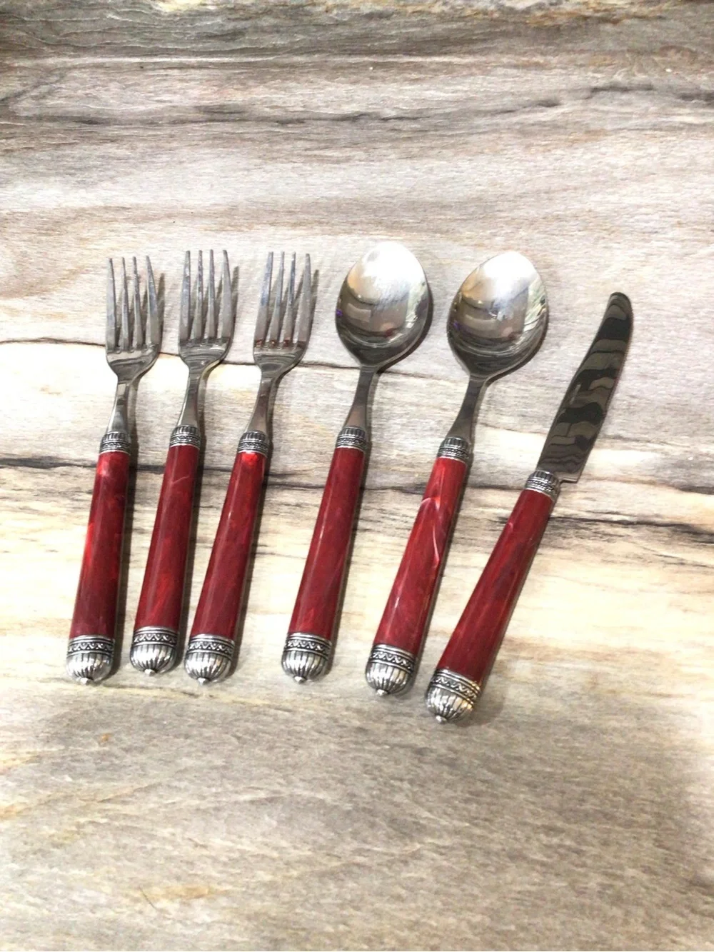 Red Marbled Acrylic Handle Flatware Set Stainless Steel Ornate 6 Piece